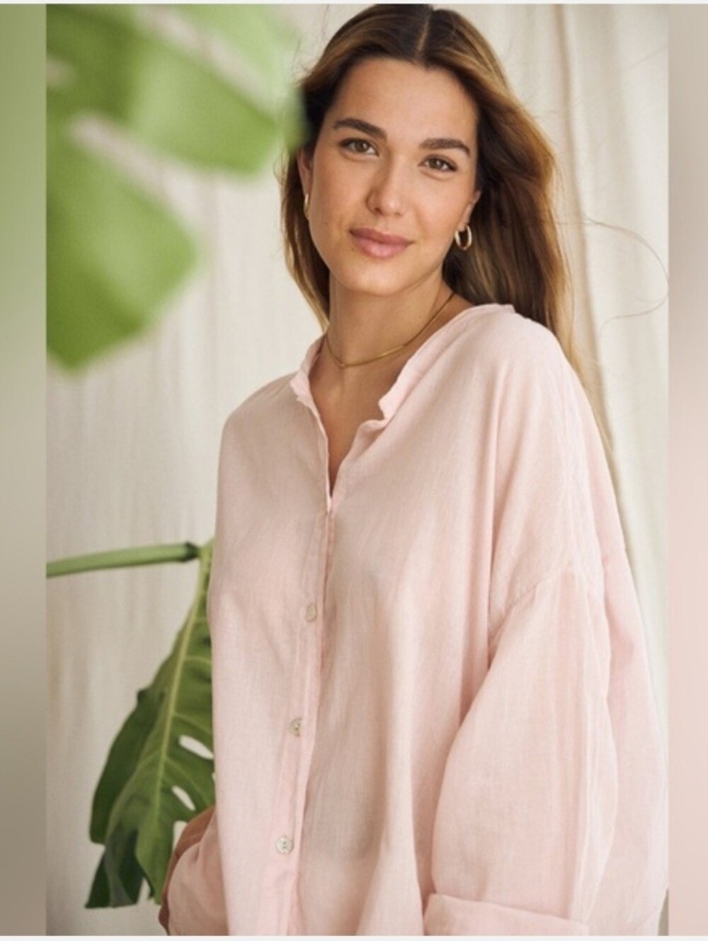 Flax Pale Pink Linen Button-Front Women's Shirt